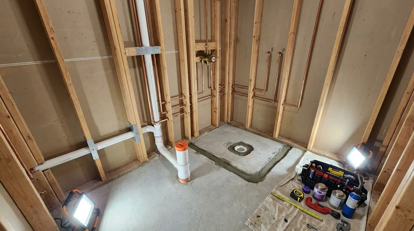 Bathroom rough-in plumbing during remodel by Johns Plumbing LLC in Reed City