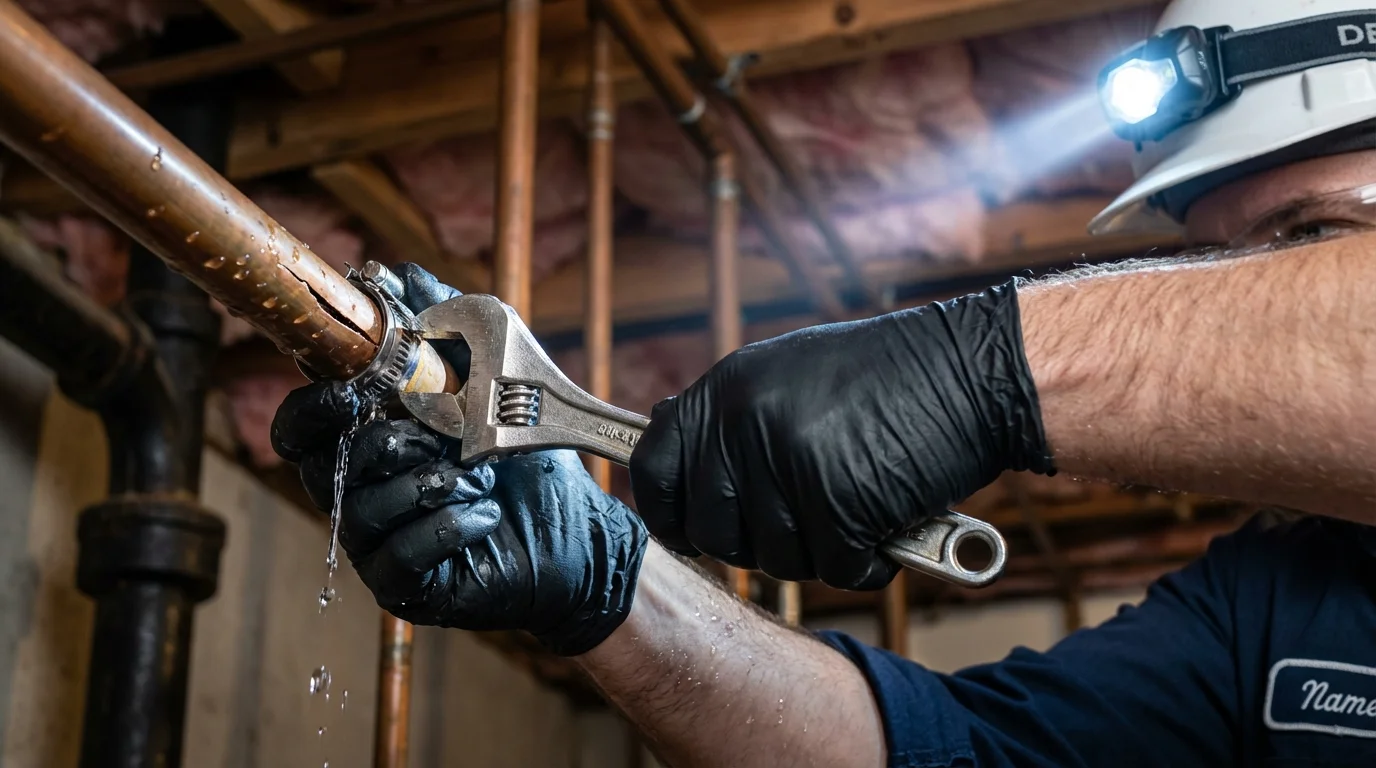 Emergency pipe clamp repair being performed by a Johns Plumbing LLC plumber in Reed City