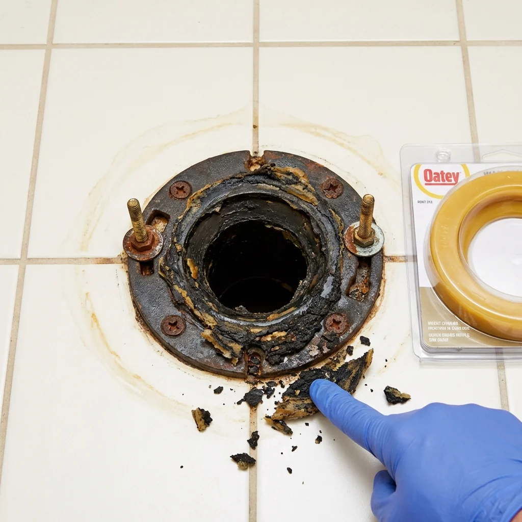 Failed wax ring showing water seepage at the base of a toilet in a Reed City, MI home