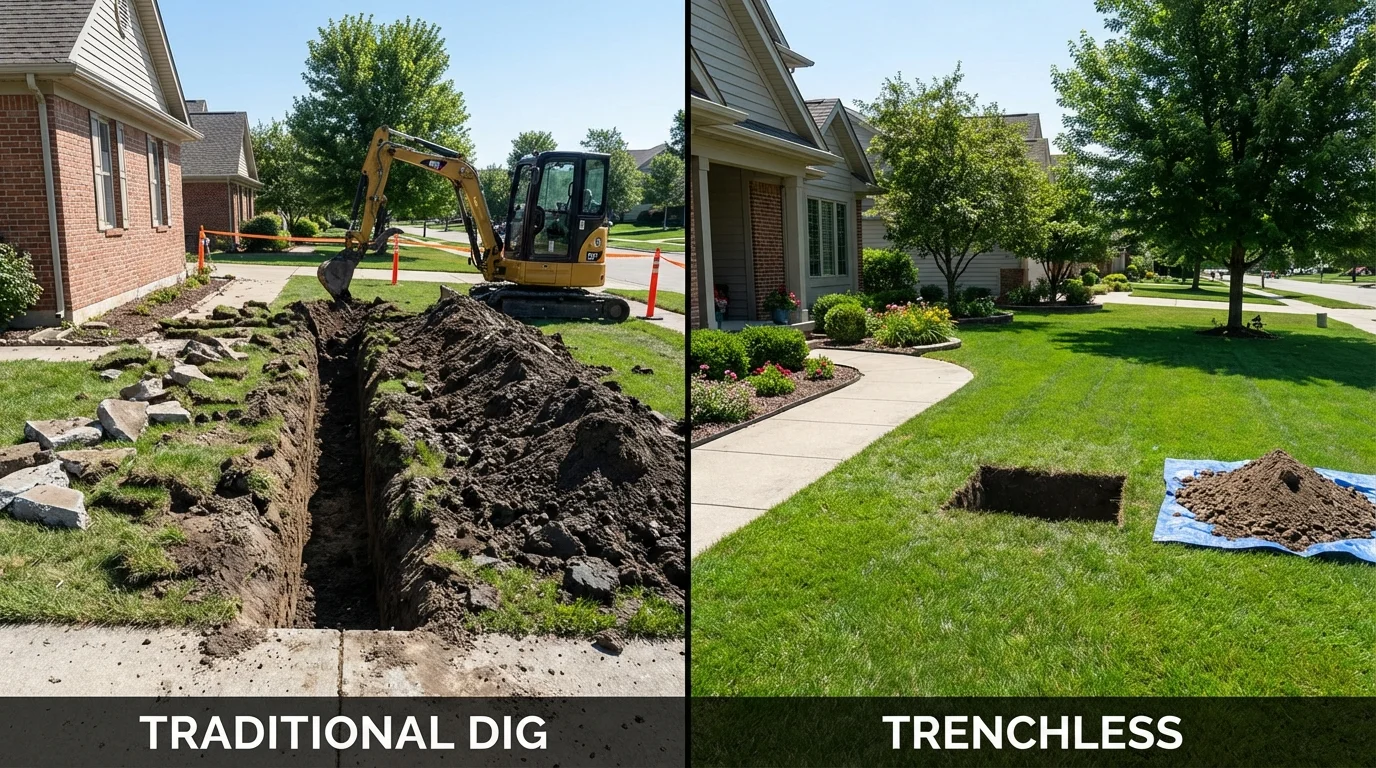 Trenchless sewer repair with minimal yard damage versus traditional excavation in Reed City, MI