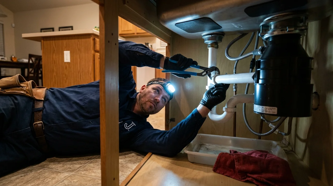 P-trap and supply line connections under a kitchen sink showing a common leak point in Reed City, MI